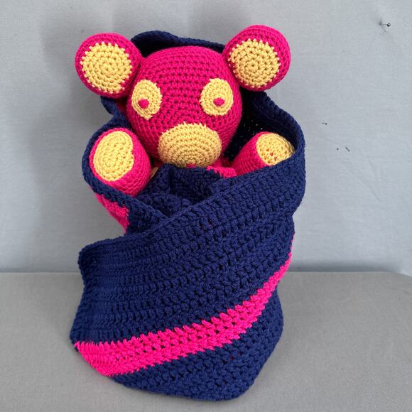 Hand Crochet Teddy Bear Plush Blanket Set Stuffed Animal Afghan Pink Blue Retro - Picture 3 of 16